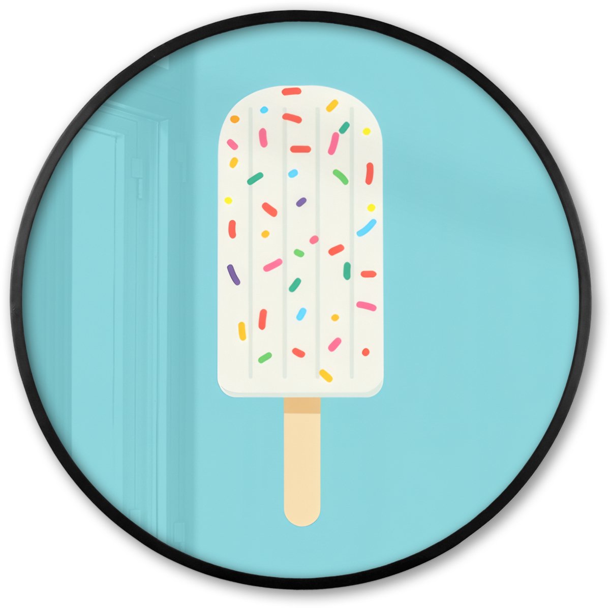 FrameYourWall Poster in lijst Rond - Fotolijst 60x60 cm - Posters - Ijsje - Stokje - Sprinkles - Lichtblauw - Ronde posterlijst zwart - Decoratie - Wanddecoratie woonkamer - Muurdecoratie slaapkamer