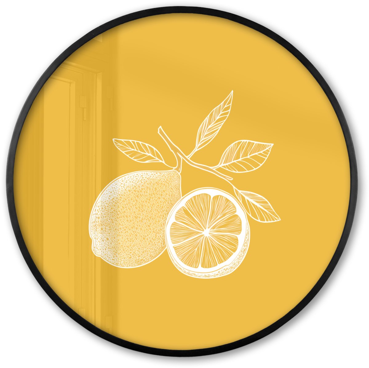 FrameYourWall Poster in lijst Rond - Fotolijst 60x60 cm - Posters - Citroenen - Illustratie - Minimalistisch - Geel - Ronde posterlijst zwart - Decoratie - Wanddecoratie woonkamer - Muurdecoratie slaapkamer