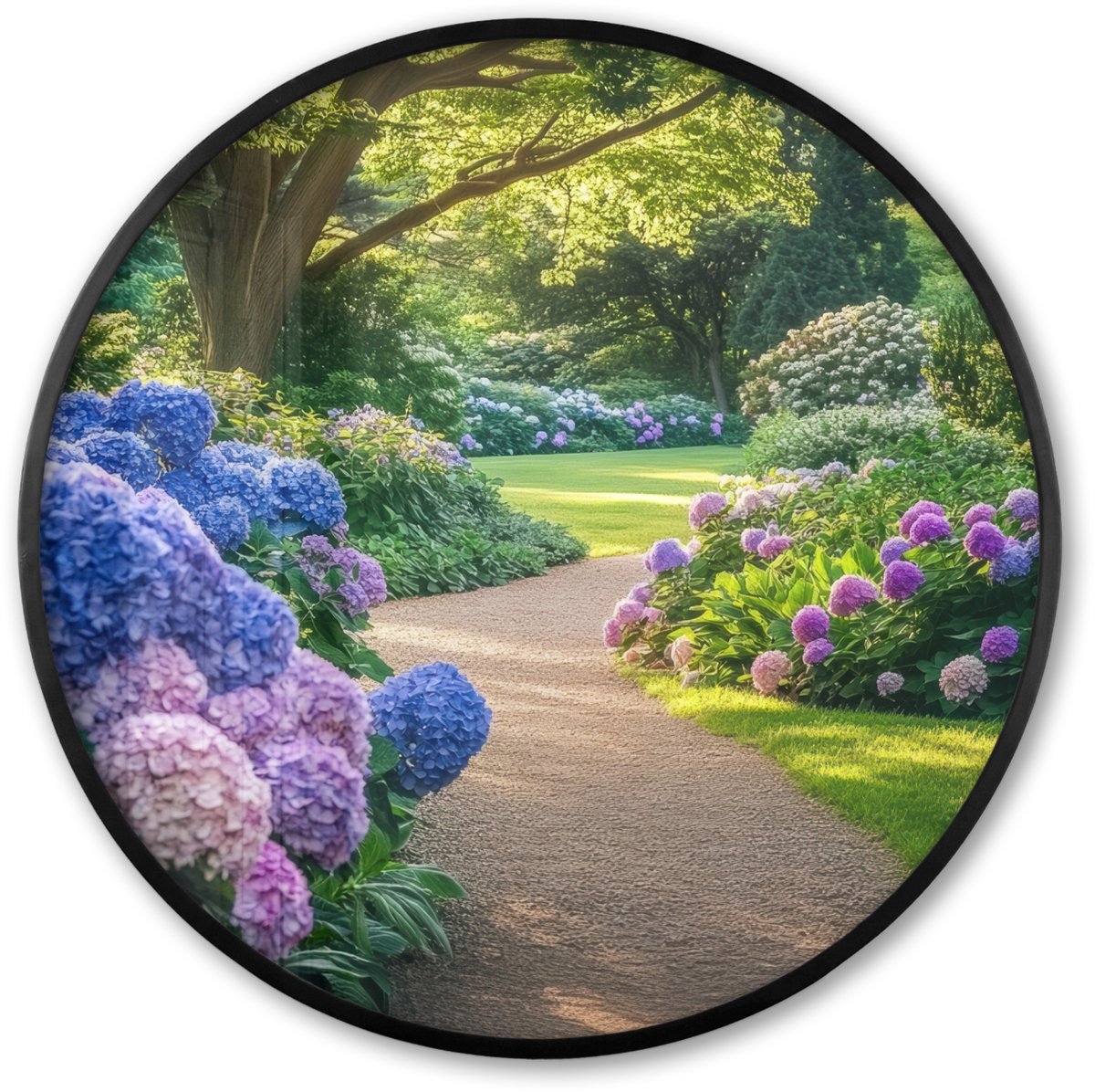 FrameYourWall Poster in lijst Rond - Fotolijst 80x80 cm - Posters - Hortensia- Park - Pad - Ronde posterlijst zwart - Decoratie - Wanddecoratie woonkamer - Muurdecoratie slaapkamer Hortensia - Tuin