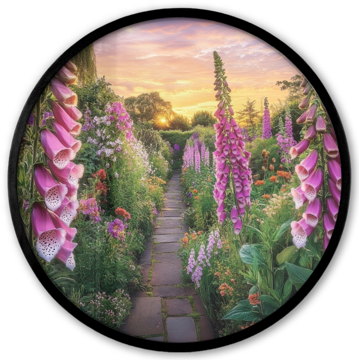 FrameYourWall Poster in lijst Rond - Fotolijst 40x40 cm - Posters - Vingerhoedskruid - Bloemen - Tuin - Ronde posterlijst zwart - Decoratie - Wanddecoratie woonkamer - Muurdecoratie slaapkamer