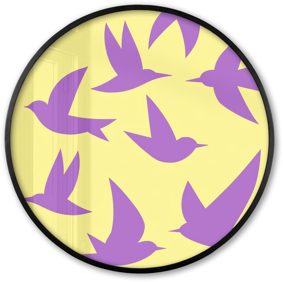 FrameYourWall Poster in lijst Rond - Fotolijst 60x60 cm - Posters - Vogels - Cirkel - Geel - Beweging - Ronde posterlijst zwart - Decoratie - Wanddecoratie woonkamer - Muurdecoratie slaapkamer