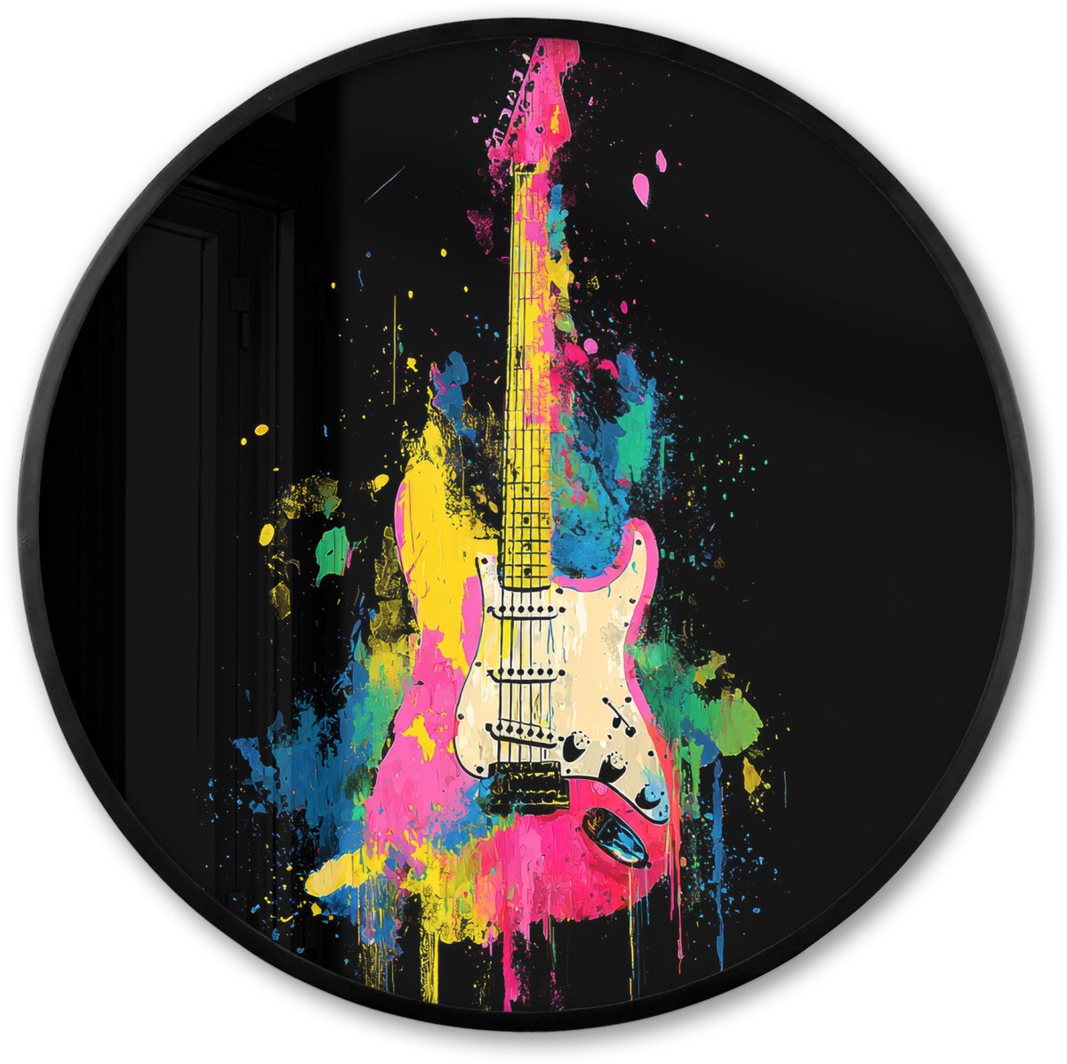 FrameYourWall Poster in lijst Rond - Fotolijst 60x60 cm - Posters - Gitaar - Kleurrijk - Verf - Ronde posterlijst zwart - Decoratie - Wanddecoratie woonkamer - Muurdecoratie slaapkamer