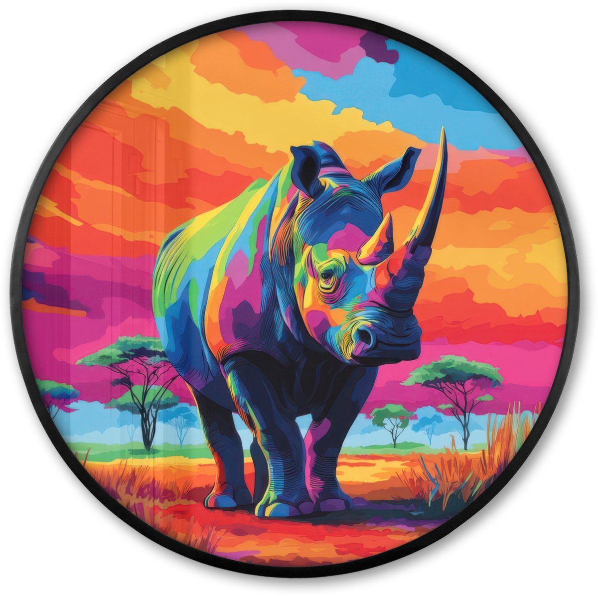 FrameYourWall Poster in lijst Rond - Fotolijst 60x60 cm - Posters - Neushoorn - Zonsondergang - Savanna - Kleurrijk - Ronde posterlijst zwart - Decoratie - Wanddecoratie woonkamer - Muurdecoratie slaapkamer Neushoorn - Kleurrijk