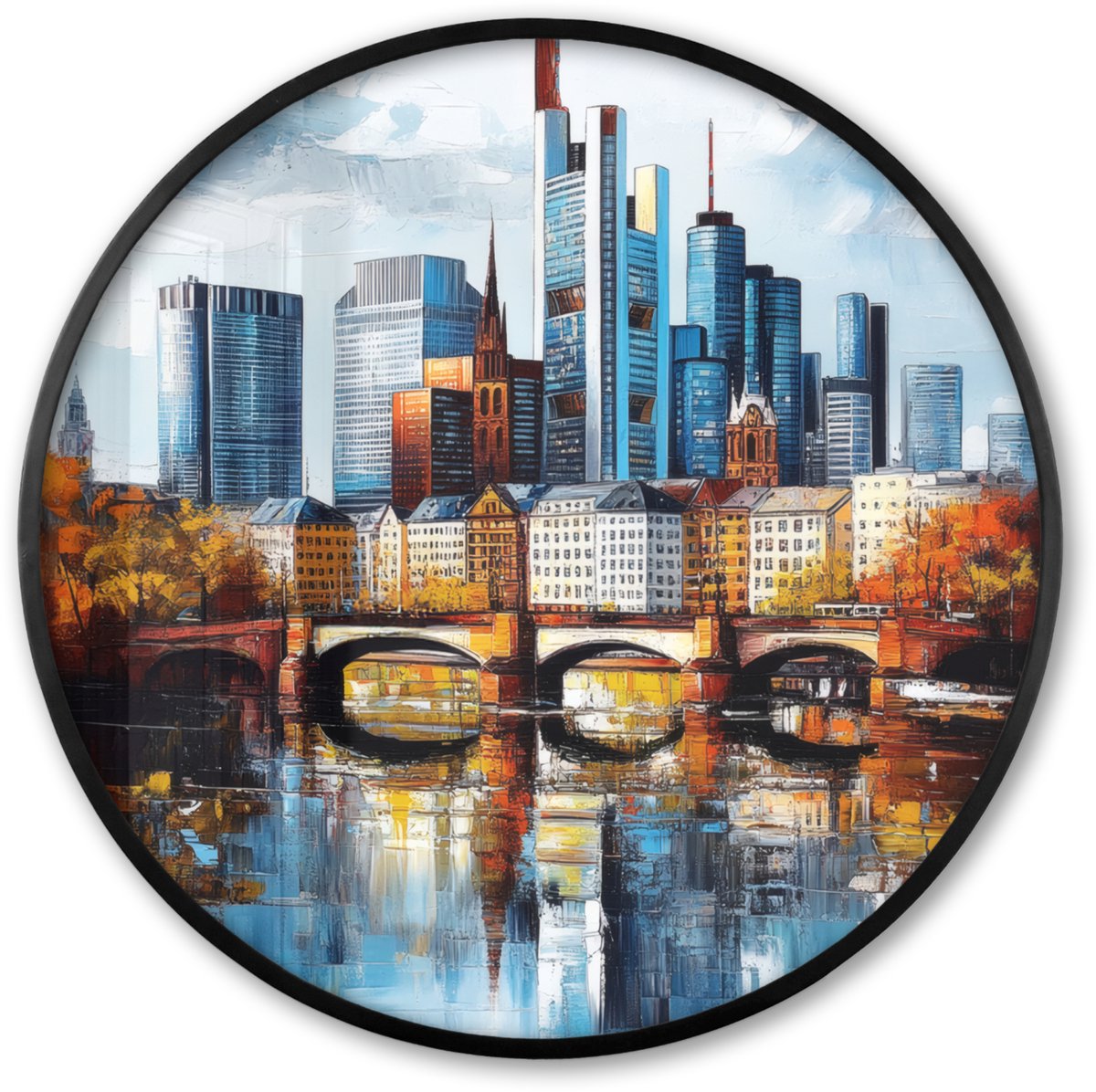 FrameYourWall Poster in lijst Rond - Fotolijst 60x60 cm - Posters - Bomen Frankfurt- Stad - Skyline - Brug - Ronde posterlijst zwart - Decoratie - Wanddecoratie woonkamer - Muurdecoratie slaapkamer Bomen - Stad