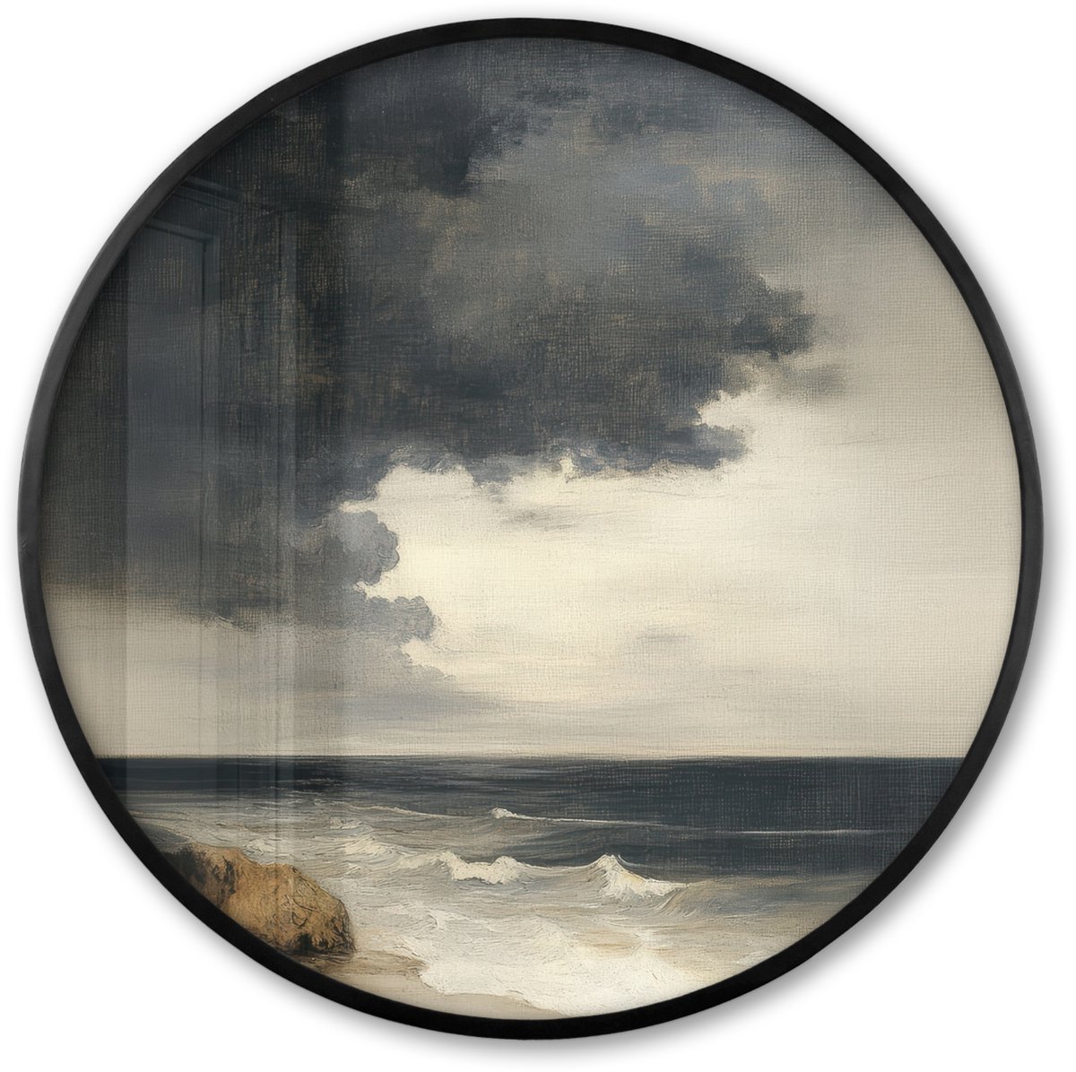 FrameYourWall Poster in lijst Rond - Fotolijst 60x60 cm - Posters - Kust - Golven - Rots - Storm - Ronde posterlijst zwart - Decoratie - Wanddecoratie woonkamer - Muurdecoratie slaapkamer Zee - Storm