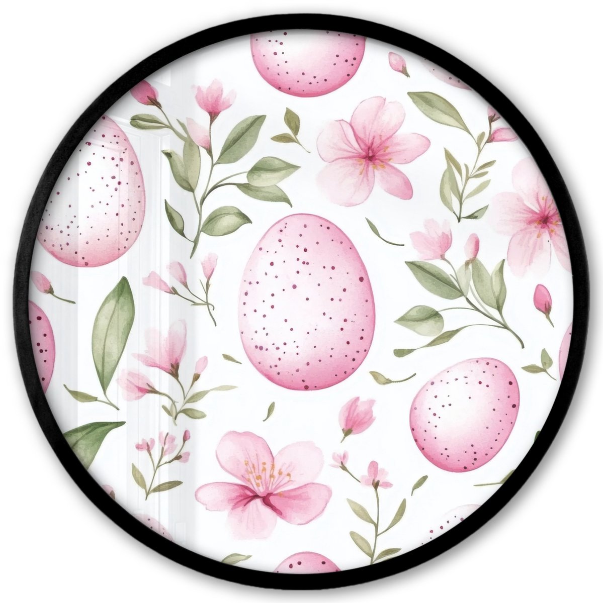 FrameYourWall Poster in lijst Rond - Fotolijst 40x40 cm - Posters - Patroon - Eieren - Roze - Pasen - Ronde posterlijst zwart - Decoratie - Wanddecoratie woonkamer - Muurdecoratie slaapkamer
