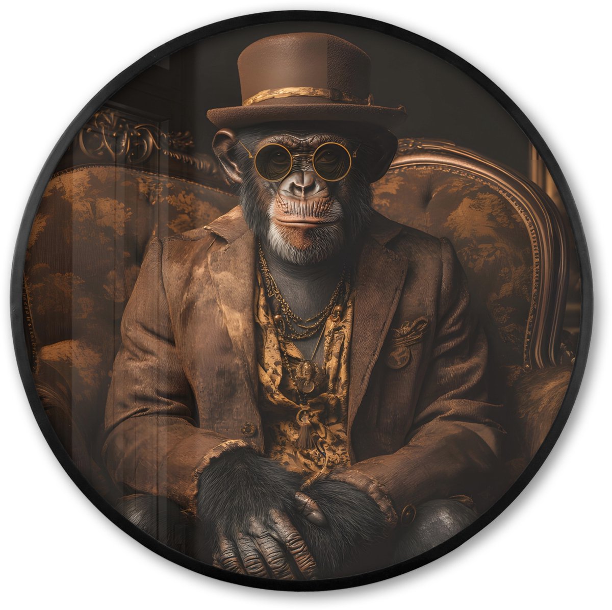 FrameYourWall Poster in lijst Rond - Fotolijst 80x80 cm - Posters - Chimpansee - Stoel - Pak - Bruin - Ronde posterlijst zwart - Decoratie - Wanddecoratie woonkamer - Muurdecoratie slaapkamer Chimpansee - Hoed
