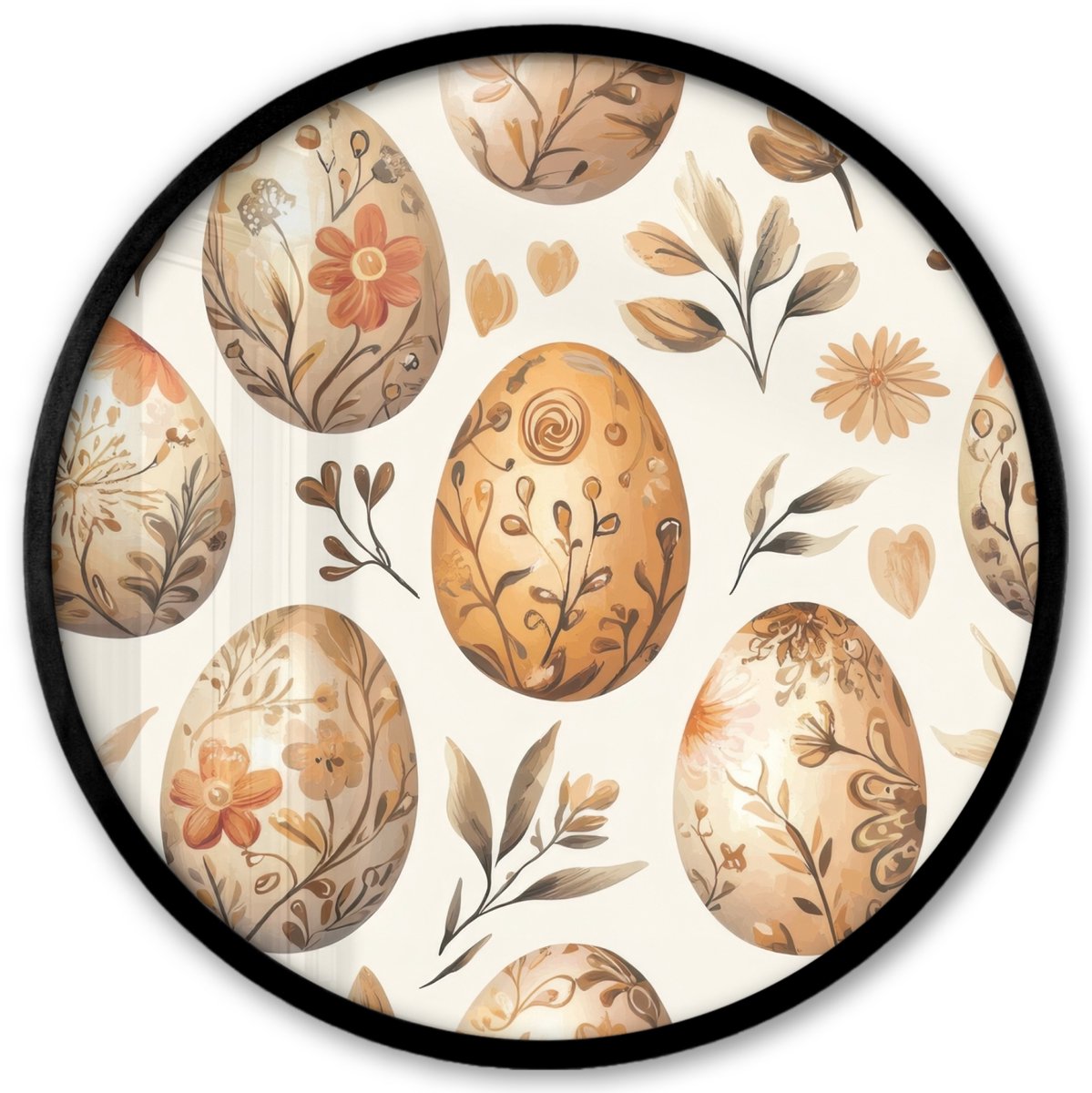 FrameYourWall Poster in lijst Rond - Fotolijst 40x40 cm - Posters - Paaseieren - Bruin - Bloemen - Ronde posterlijst zwart - Decoratie - Wanddecoratie woonkamer - Muurdecoratie slaapkamer Pasen
