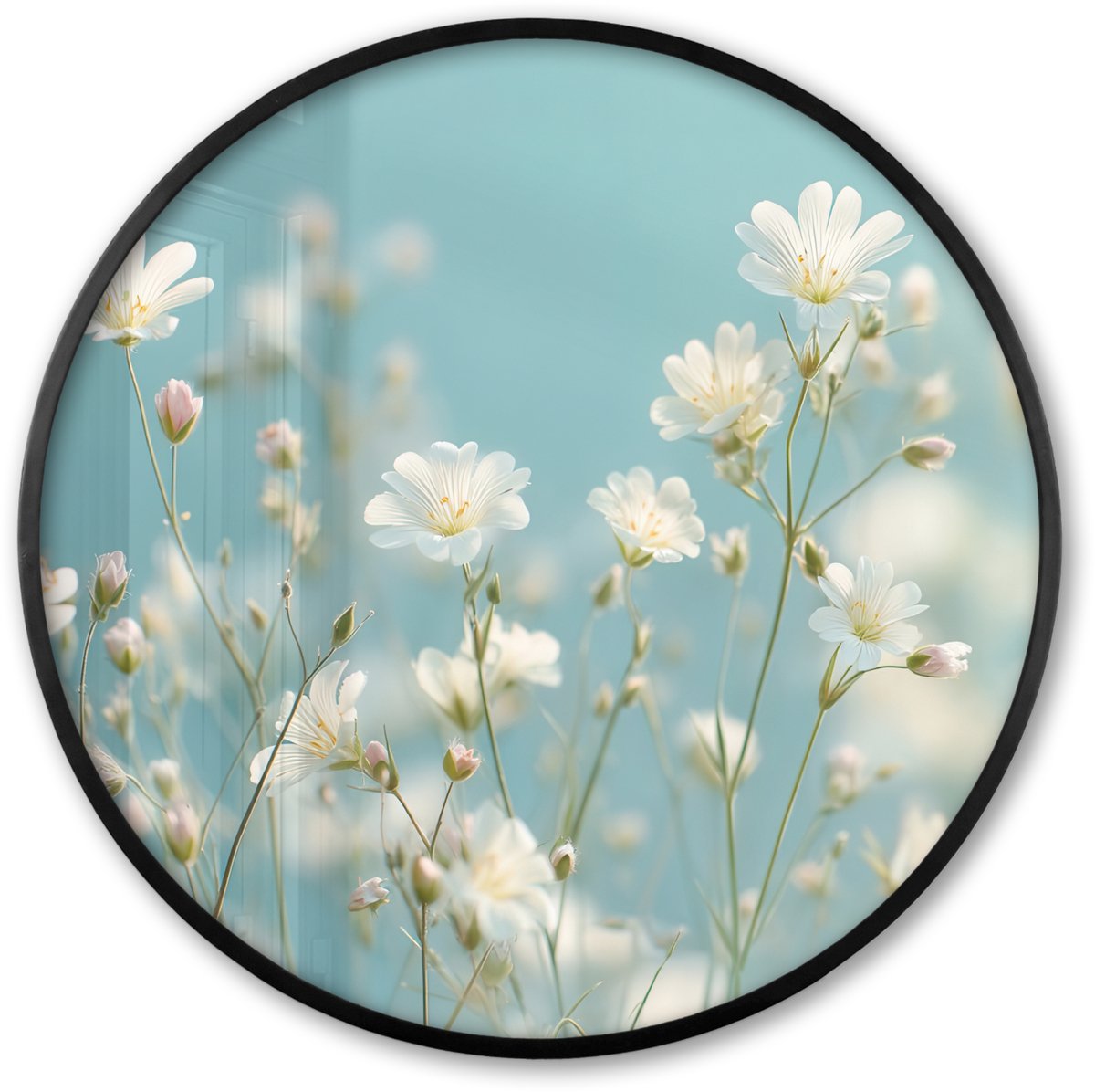 FrameYourWall Poster in lijst Rond - Fotolijst 80x80 cm - Posters - Stengels - Bloemen - Lucht - Wit - Ronde posterlijst zwart - Decoratie - Wanddecoratie woonkamer - Muurdecoratie slaapkamer