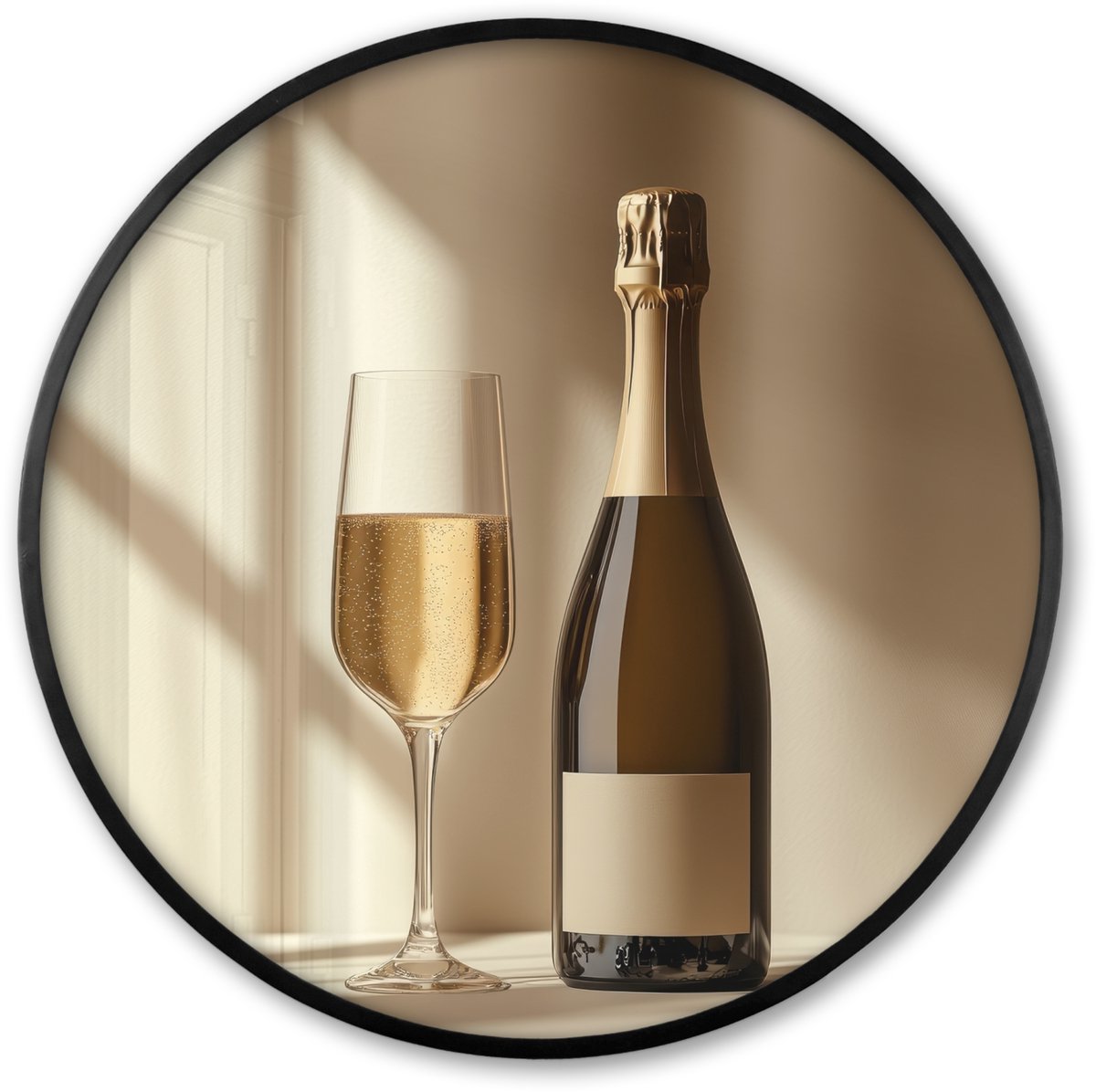 FrameYourWall Poster in lijst Rond - Fotolijst 60x60 cm - Posters - Champagne - Beige - Schaduw - Bubbels - Ronde posterlijst zwart - Decoratie - Wanddecoratie woonkamer - Muurdecoratie slaapkamer