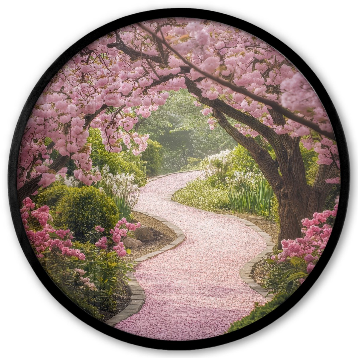 FrameYourWall Poster in lijst Rond - Fotolijst 40x40 cm - Posters - Kersenbloesem - Natuur - Sakura - Pad - Japanse tuin - Ronde posterlijst zwart - Decoratie - Wanddecoratie woonkamer - Muurdecoratie slaapkamer
