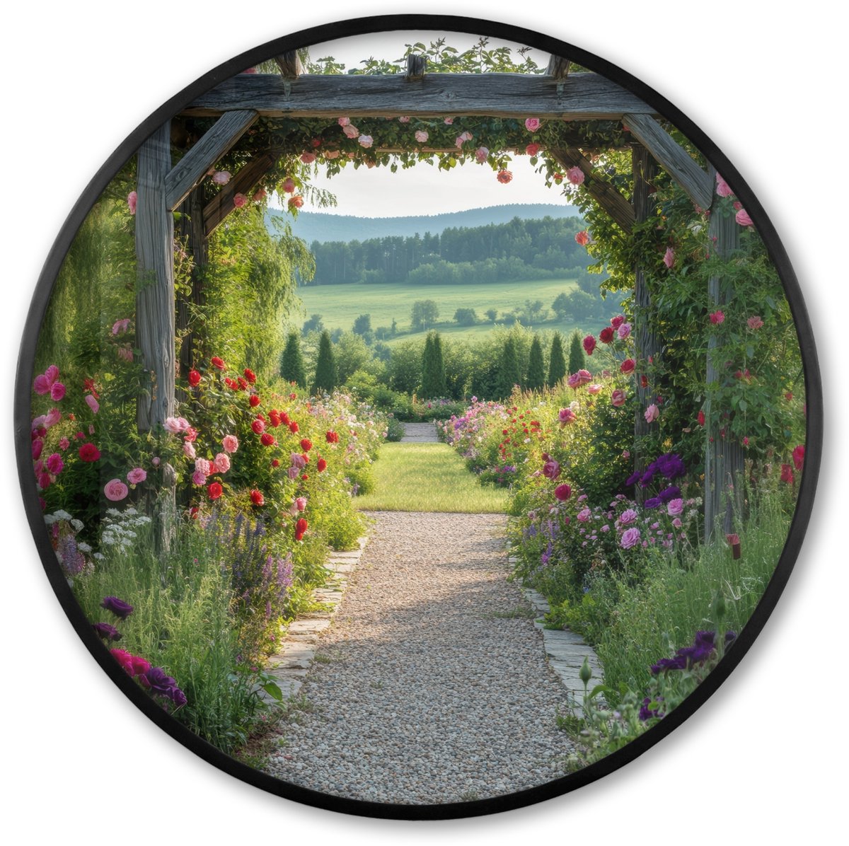 FrameYourWall Poster in lijst Rond - Fotolijst 80x80 cm - Posters - Doorkijk - Landschap - Natuur - Tuinboog - Bloemen - Ronde posterlijst zwart - Decoratie - Wanddecoratie woonkamer - Muurdecoratie slaapkamer Tuinboog - Landschap