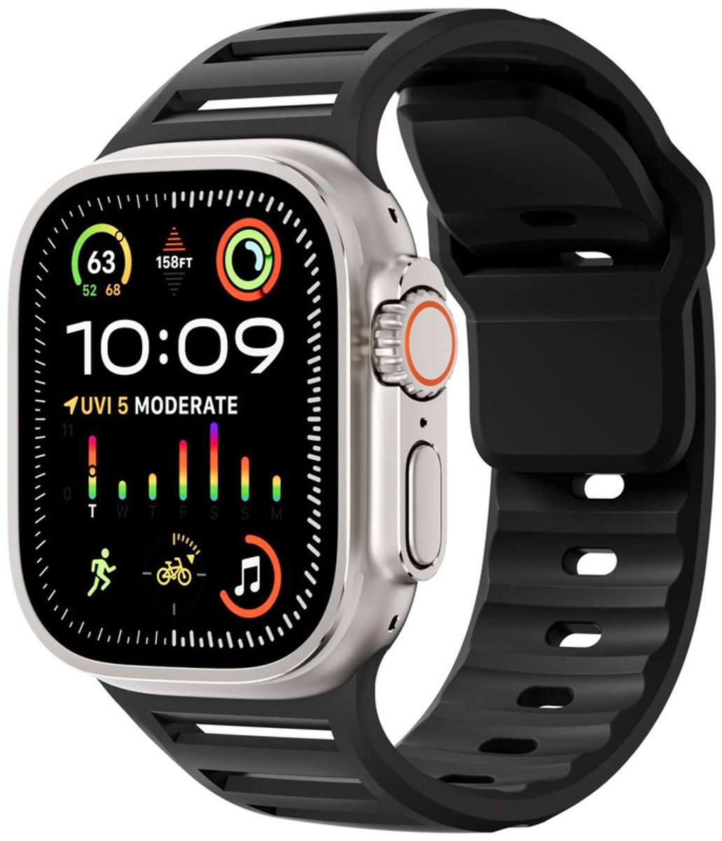 Siliconen bandje - geschikt voor Apple Watch series 1/2/3/4/5/6/7/8/9/10/11/ SE (1,2,3) / Ultra (1,2,3) met maat 44 mm / 45 mm / 46 mm / 49 mm - gaatjes met druksluiting - zwart