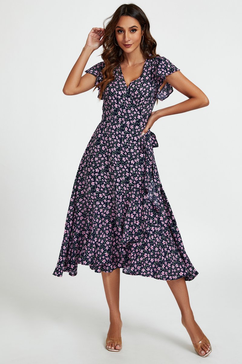 Midi-wikkeljurk met bloemenprint en ruches in marineblauw