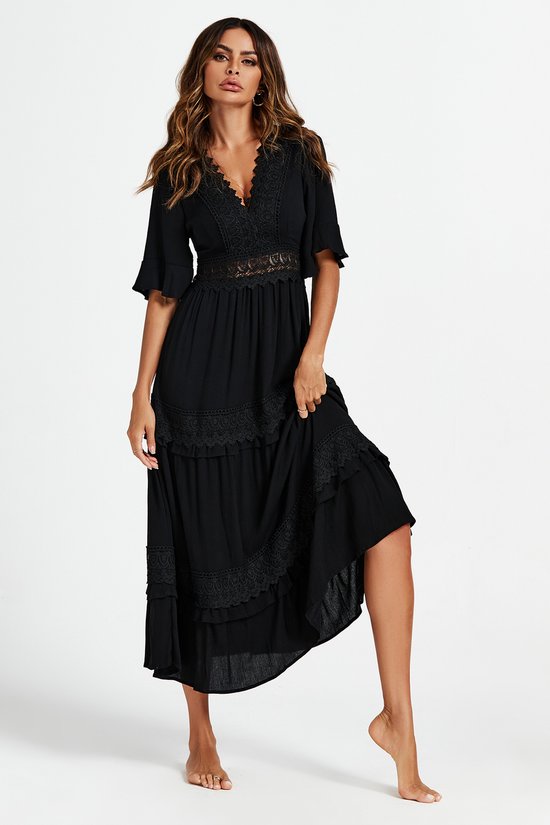 V-hals midi-jurk met kanten detail in zwart