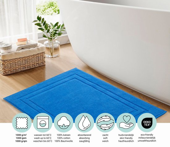 Tapis de bain bleu classique avec bordure double surpiqûre, 100% coton, 1000 g/m², doux et absorbant. Avec label OEKO-TEX.