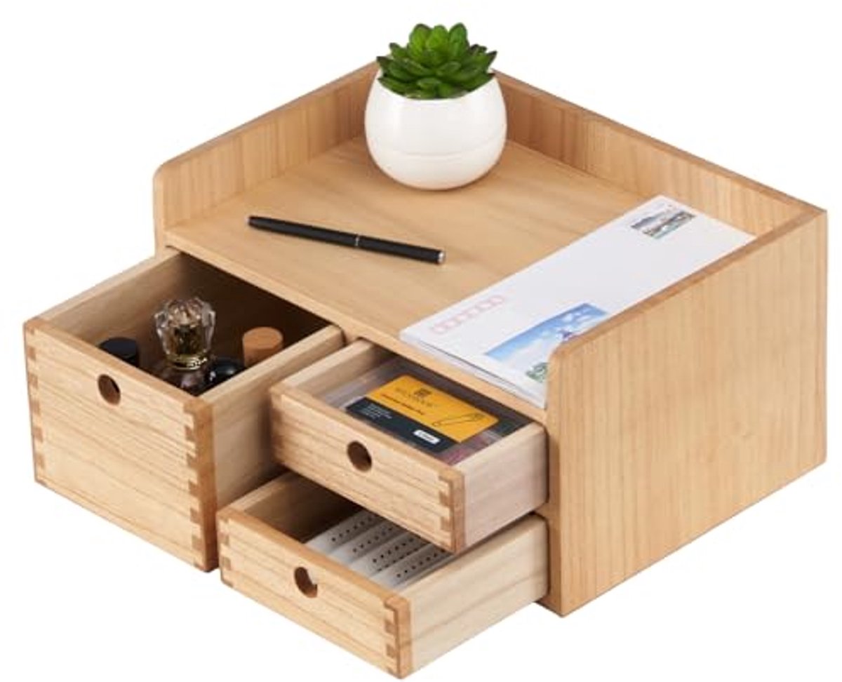 Houten bureau-organizer met schuifladen voor efficiëntie op kantoor en thuis