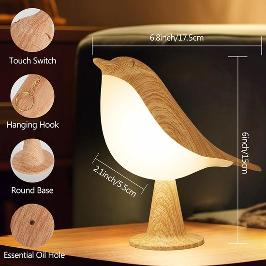 Rosnek Vogel Slaaplamp 2 Stuks- Draadloze Nachtlamp met Touchbediening - Dimbare - 3 Kleuren & USB Oplaadbaar - Bedlamp - Nachtlampje baby - Sfeerverlichting voor Slaapkamer, Bureau van Rosnek — afbeelding 4