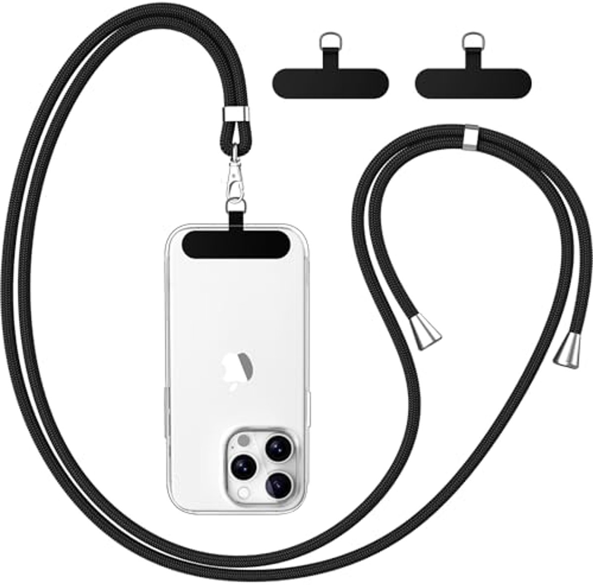 Telefoonketting Universeel voor Smartphones - Verstelbare en Afneembare Telefoonkoord met 2 Universele Patches - Zwart