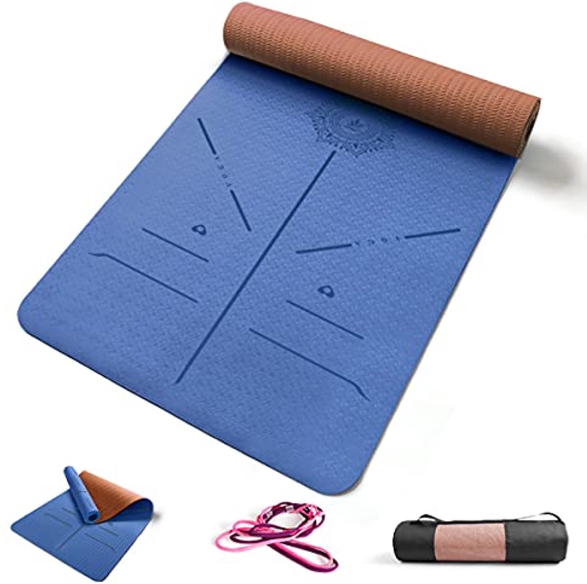 Gevoerde antislip yogamat voor fitness en pilates met draagtas - 183 x 68 x 0,8 cm