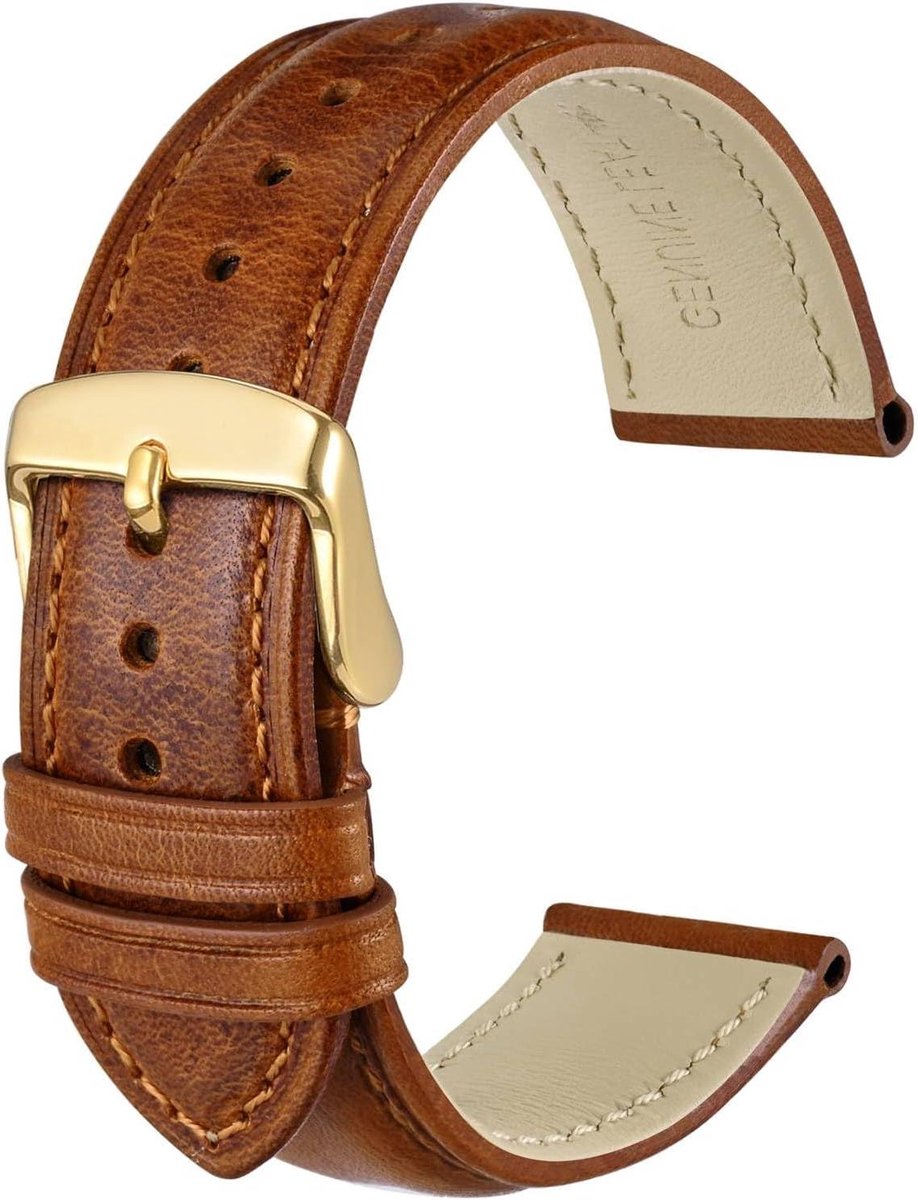 Lederen Horlogeband met Gouden Gesp | Vintage Look | Vervangende Band 14 mm 18 mm 20 mm 22 mm 24 mm