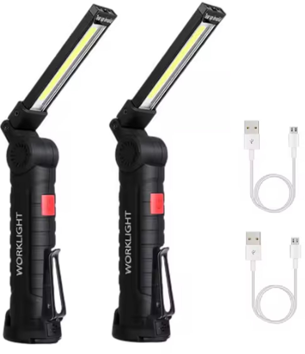 TLVX 2 stuks LED Grote Werklamp Oplaadbaar - Accu LED Lamp - LED Zaklamp - Magneet LED lamp - Looplamp LED - Worklight - Garage lamp - Dimbaar - Haak - Magnetisch - Magneet voet - Zwenkarm - 2000 Lumen