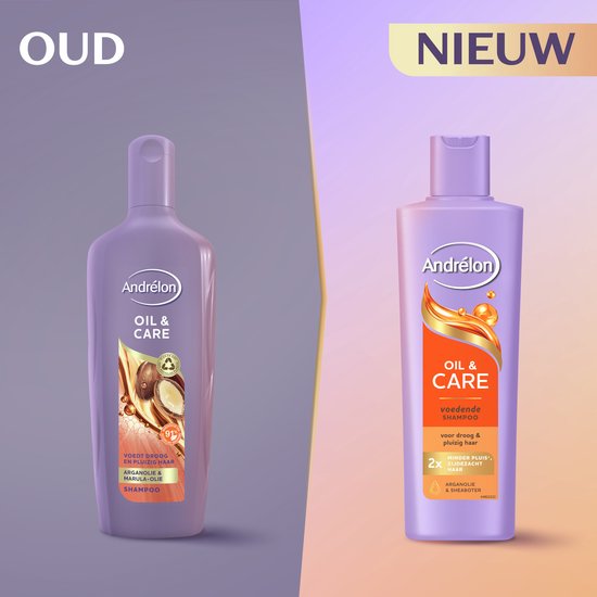 Close-up van grote gele druppels olie met kleinere bubbels op een zachte roze en paarse achtergrond. "Formule met arganolie & shea boter".