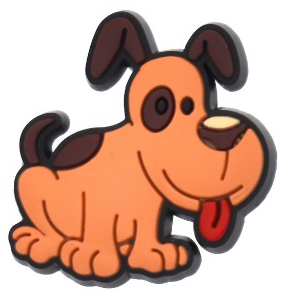 Zittende oranje cartoonhond met bruine vlekken, bruine oren en tong uitgestoken.