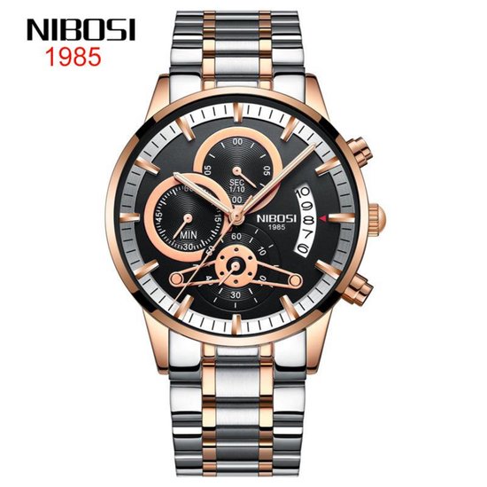 NIBOSI Horloge 2309 - Zilverkleurig-Bronskleurig-Zwart – Heren - Quartz - Chronograaf - Stalen Band - Luxe en Stoer