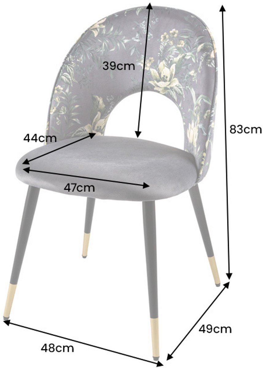 Invicta Interior Design stoel PRET-A-PORTER grijs fluweel bloemmotief en gouden voetdoppen - 41703 Zie omschrijving