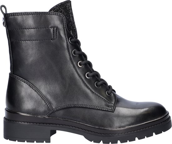 Botte Tamaris noire à lacets avec fermeture éclair, col scintillant et semelle épaisse.
