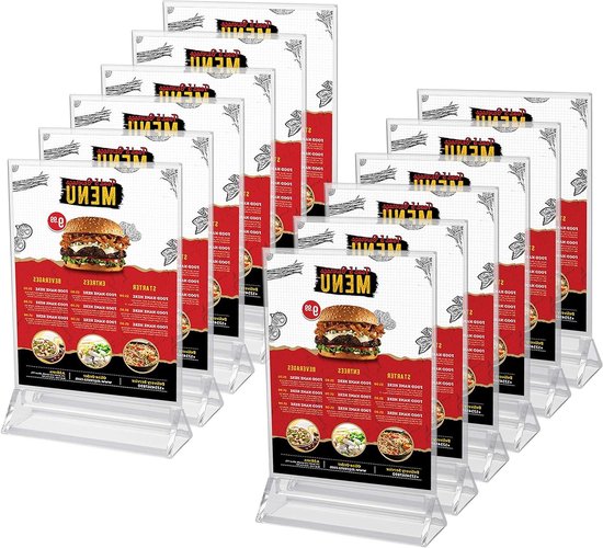 Support de tableau A5 (lot de 12) – L 16 x H 24,5 cm – Plastique transparent – ​​Présentoir de table recto verso – Support vertical pour menu, cadre photo et affiche