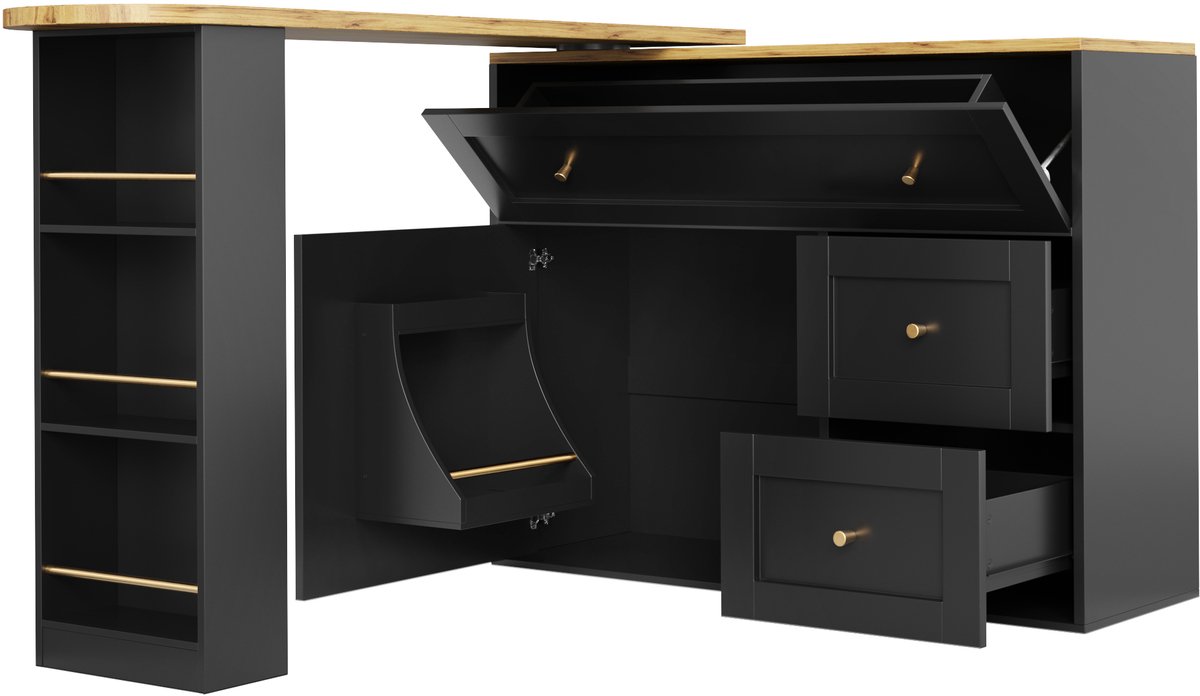 Uitschuifbare Bar met Opslagruimte (138-204×39×105 cm) - Keukenkast, Sideboard met Snackplank, Uitschuifbare Bartafel, Sta-tafel Bistrotafel Hoge Tafel Keukeneiland, Zwart