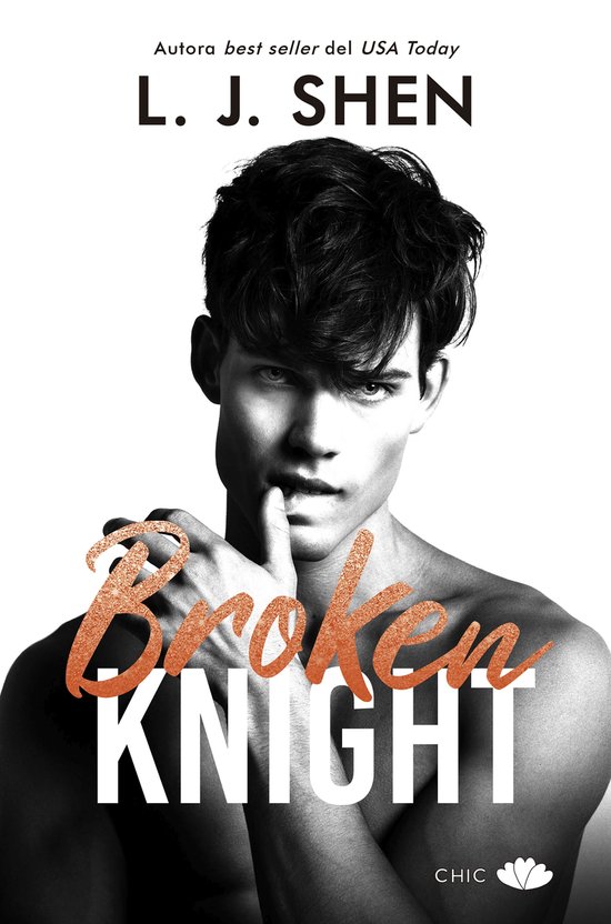 Couverture du livre L. J. Shen 'Broken Knight'. Torse masculin avec le texte 'Broken Knight' en orange et blanc.