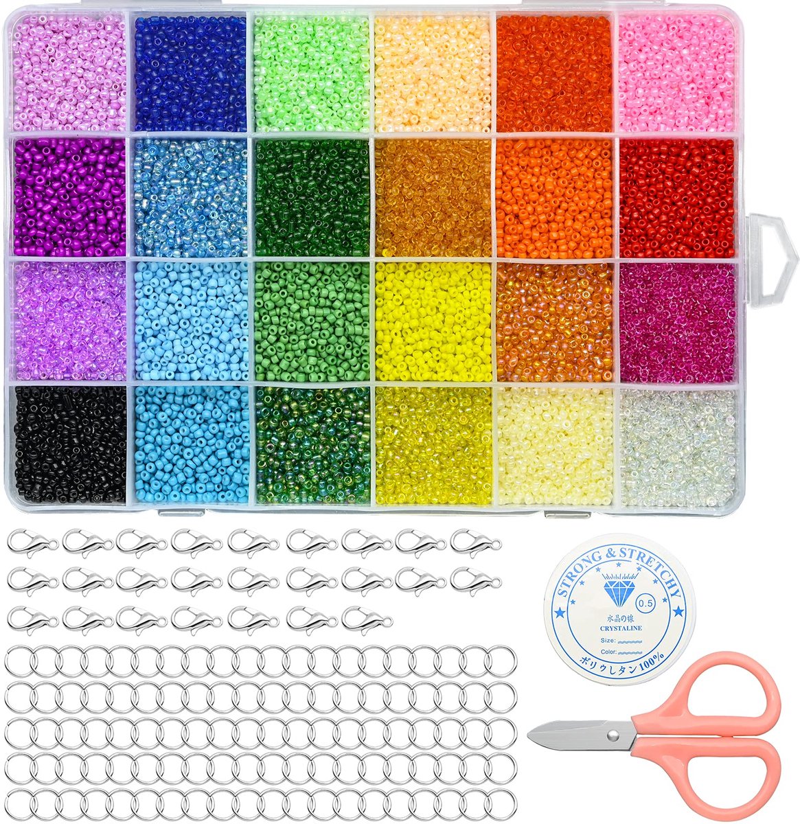 Ynkkvre - 24000 Stuks 2 mm Glaskralen Set - 24 Kleuren DIY Kralen voor Armbanden Maken - Glas Kralen met Opbergdoos & Draad - Sieraden Maken Kralen Set voor Knutselprojecten