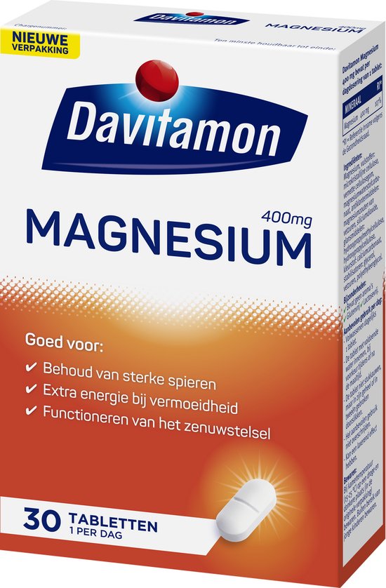 Davitamon Magnesium 400 mg, 30 tabletten. Oranje doos met 'Nieuwe verpakking' sticker en een witte pil.