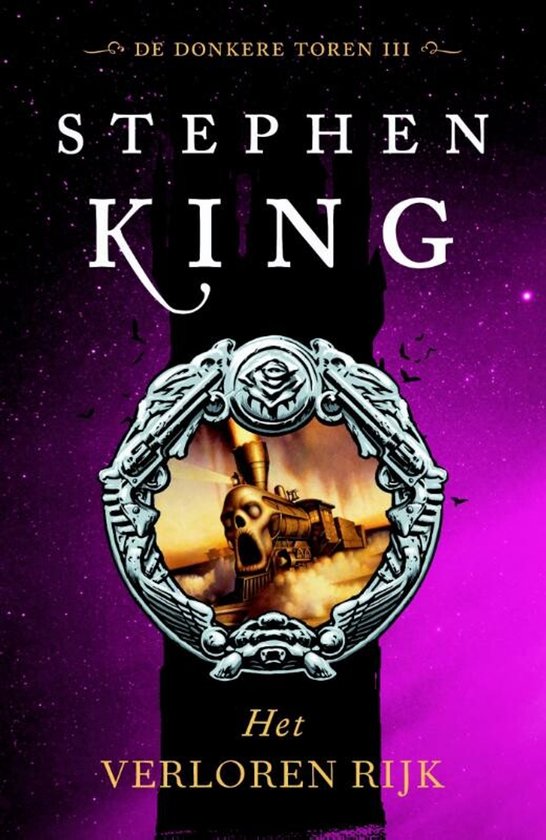 Boekomslag met de titel 'Het Verloren Rijk' uit De Donkere Toren III van Stephen King. Een spookachtig treinspook met doodskopfront rijdt door een dor landschap onder een paarse, sterrenhemel.