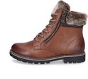 Bruine leren veterboot met rits, bontkraag en veterdetails, van de zijkant gezien.