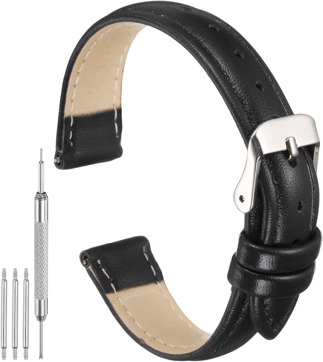 Leren horlogebandje 14 mm snelwissel plat dun elegant zwart leer voor mannen en vrouwen met gereedschap.