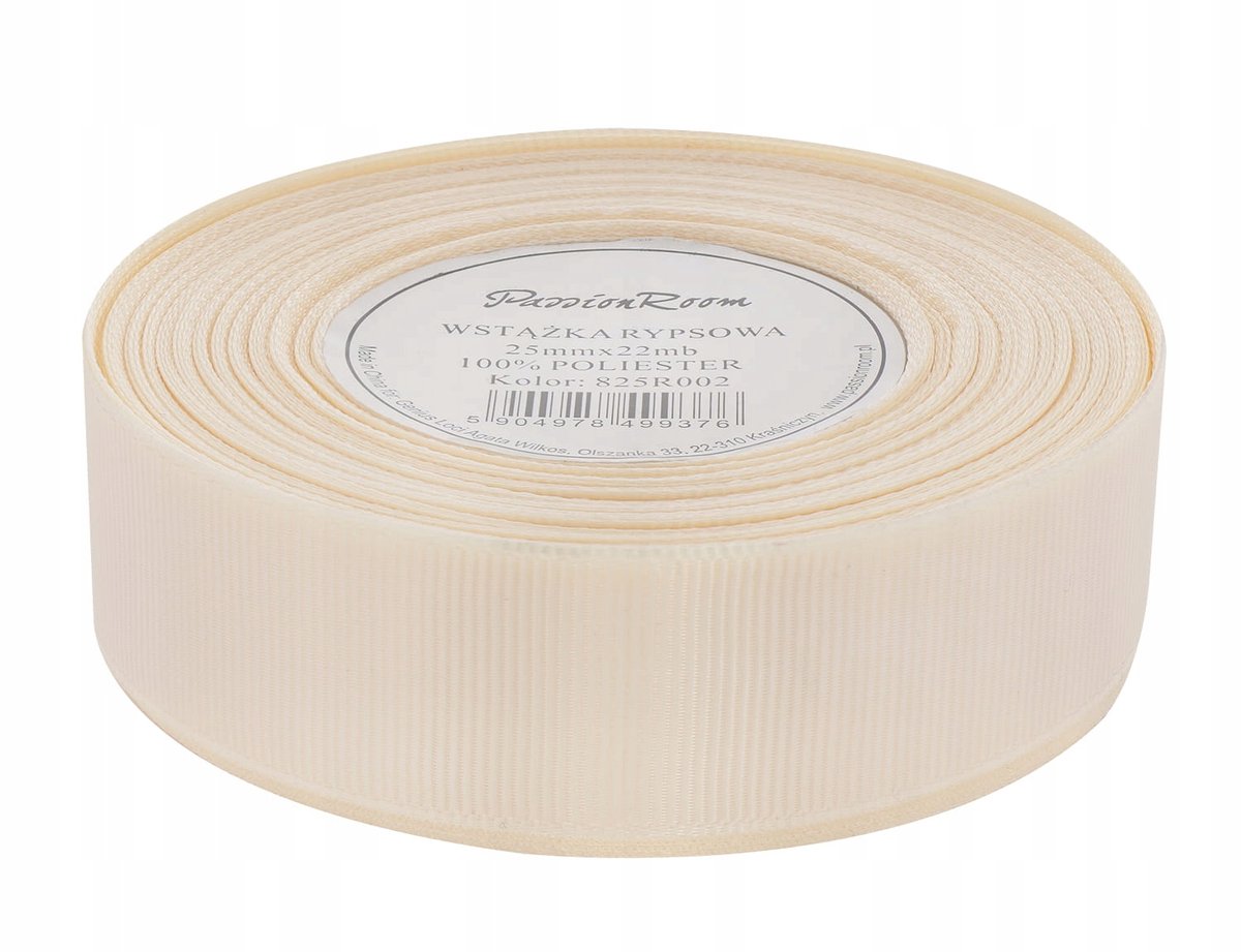 Jasno-kremowa rypsowa wstążka dekoracyjna 25mm x 22m