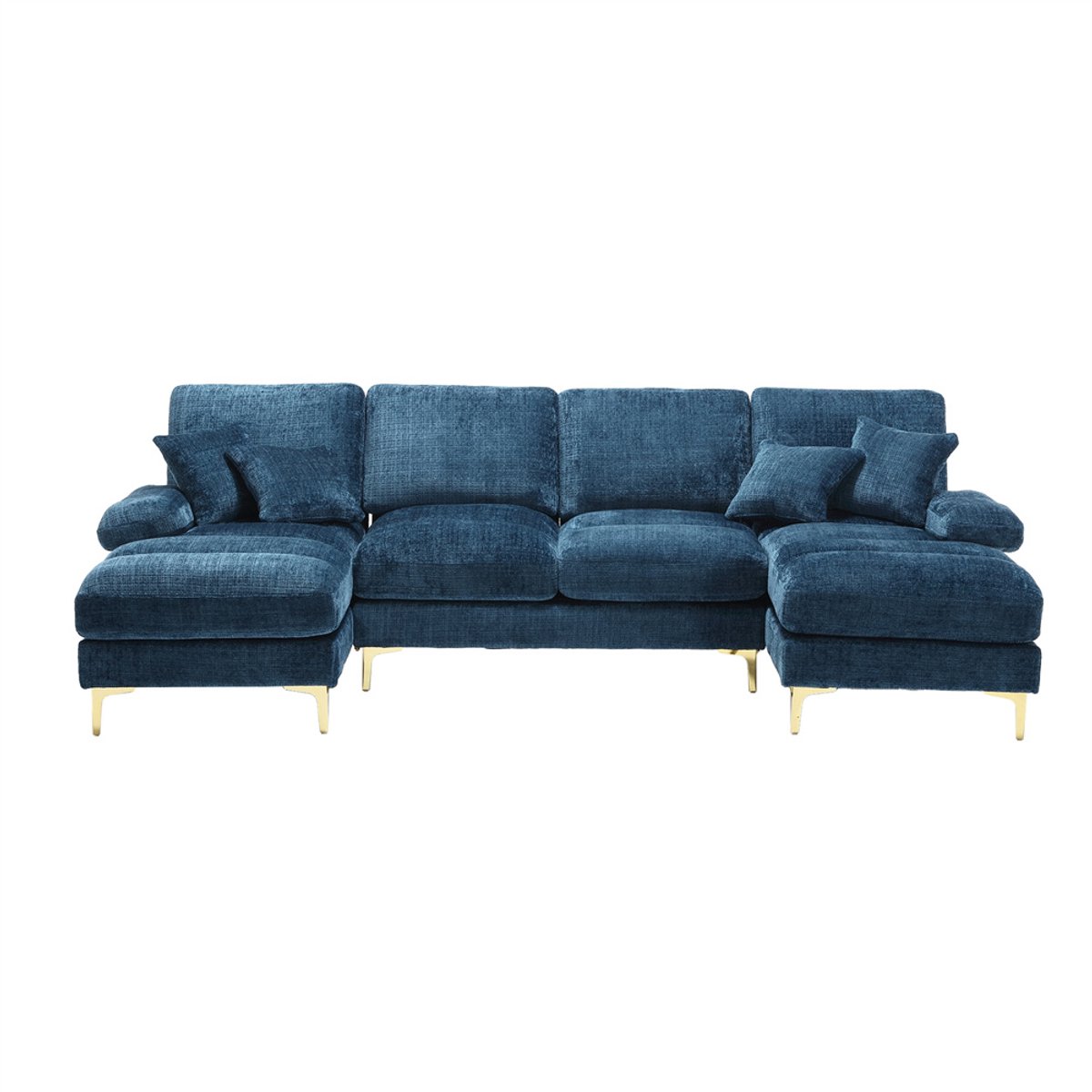 YEHTOKHOME Moderne U-vormige Bank - Chenille-stof - 4-zitsbank - Gestoffeerde bank met dubbele toffee stoel - Gouden metalen poten - Vier kussens - Blauw