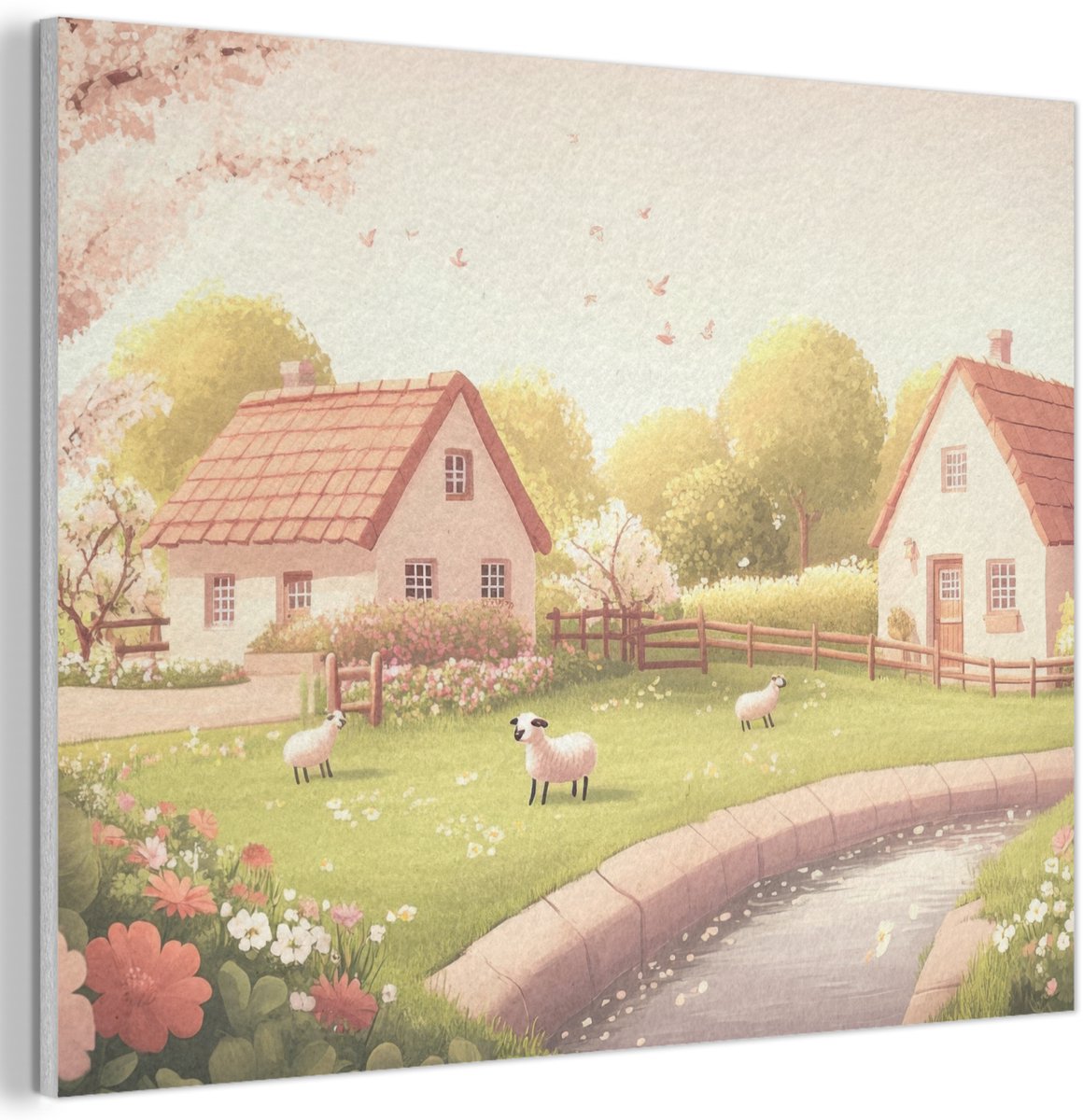 Akoestisch wandpaneel 100x70 cm - Vilt schilderij Schapen - Huisje - Platteland - Akoestische panelen - Geluidsdempende wanddecoratie - Geluidsisolatie woonkamer - Muurdecoratie geluidspanelen
