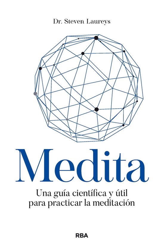 Boek 'Medita' van Dr. Steven Laureys met een blauw geometrisch netwerk op de voorkant.