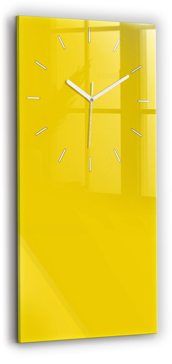 Wallfluent Wandklok - Geel Rechthoekige Glas Klok - 30 cm x 60 cm - Geel Wandklok - Witte Handen - Wandklok Zonder Cijfers - Stille Wandklok Slaapkamer - Rechthoekige Glazen Wandklok - Scandinavisch Wandklok - Glazen Klok Rechthoekige