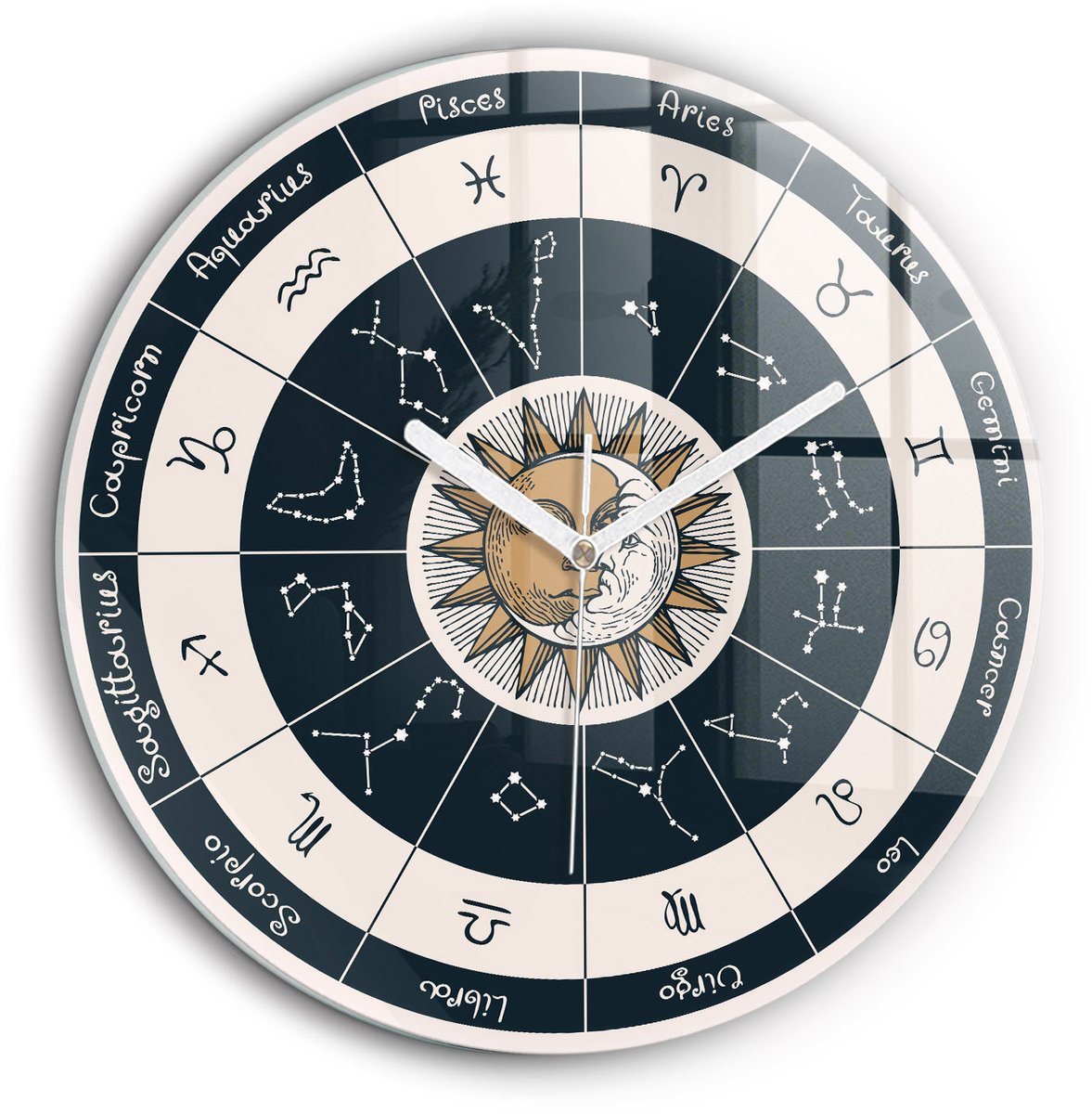 Wallfluent Wandklok - Dierenriemconstellaties Klok met Print - 60 cm x 60 cm - Veelkleurig Wandklok - Witte Handen - Wandklok zonder cijfers - Stille Wandklok Slaapkamer - Unieke Wandklok - Minimalistische Klok - Unieke Wandklok