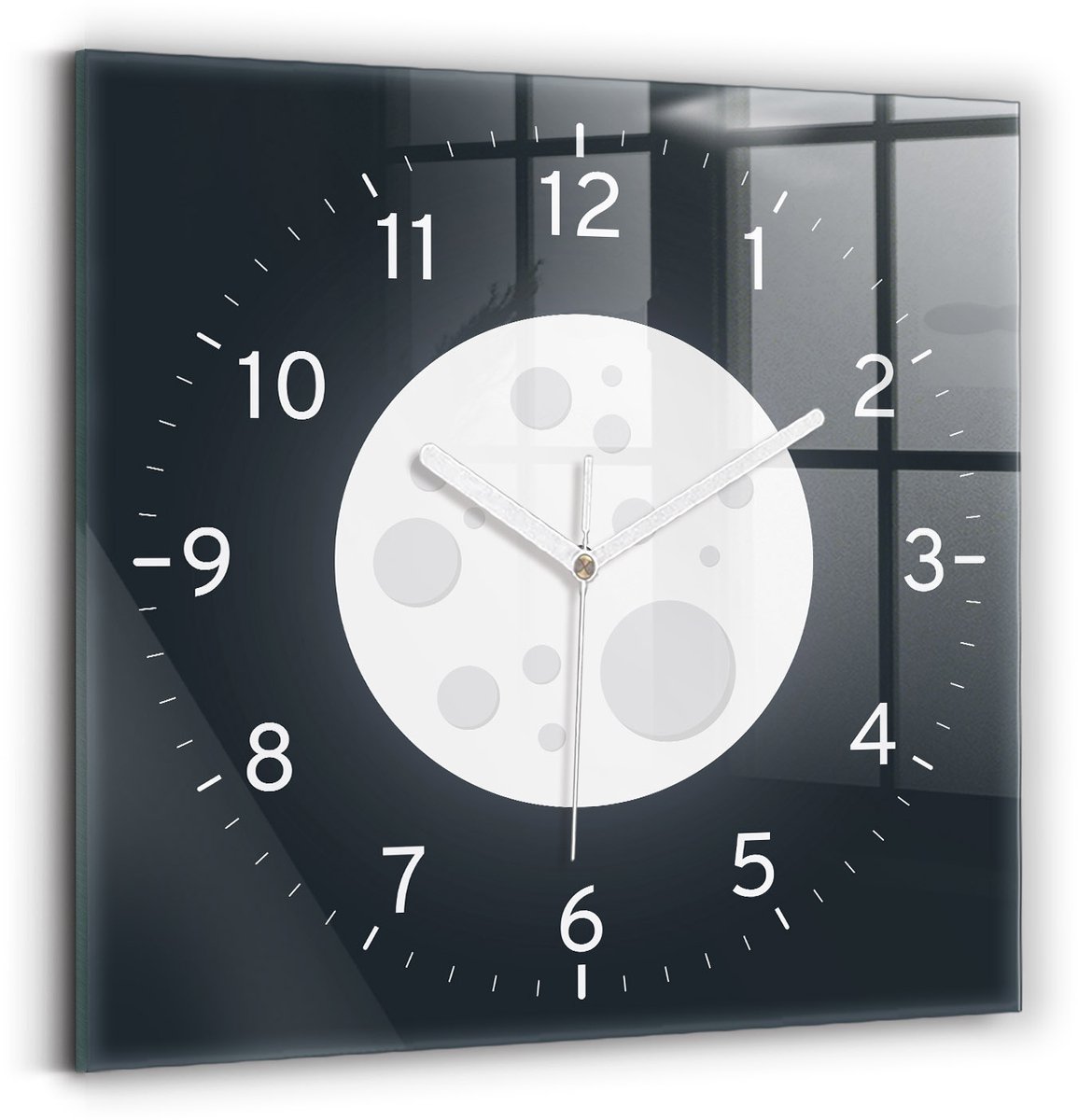 Wallfluent Wandklok - Volle maan Decoratieve Wandklok - 30 cm x 30 cm - Zwart Wandklok - Witte Handen - Wandklok zonder cijfers - Stille Wandklok Slaapkamer - Klok met Afbeelding - Moderne Wandklok - Klok met Print