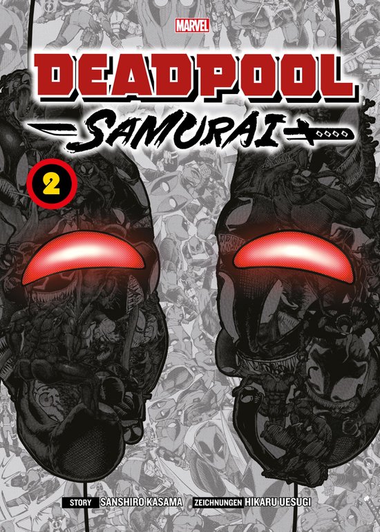 Deadpool Samurai 2 stripboek met de titel 'DEADPOOL SAMURAI' in rode letters. Twee demonische hoofden met rode ogen domineren de voorkant.