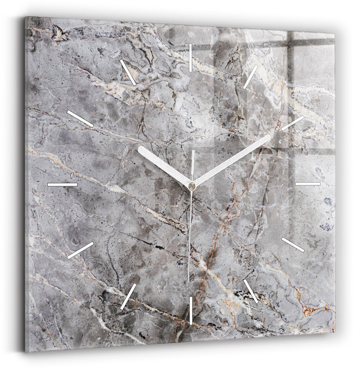 Wallfluent Wandklok - Grijs graniet marmer Klok als Muurdecoratie - 30 cm x 30 cm - Grijs Wandklok - Witte Handen - Wandklok Zonder Cijfers - Wandklok voor in de Keuken - Vierkante Glazen Klok - Minimalistisch Wandklok - Decoratieve Wandklok