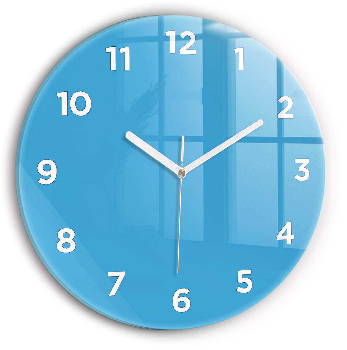 Wallfluent Wandklok - Blauw Ronde Glas Klok - 30 cm x 30 cm - Blauw Wandklok - Witte Handen - Wandklok Met Cijfers - Wandklok voor in de Keuken - Ronde Glazen Klok - Minimalistisch Wandklok - Ronde Glazen Wandklok