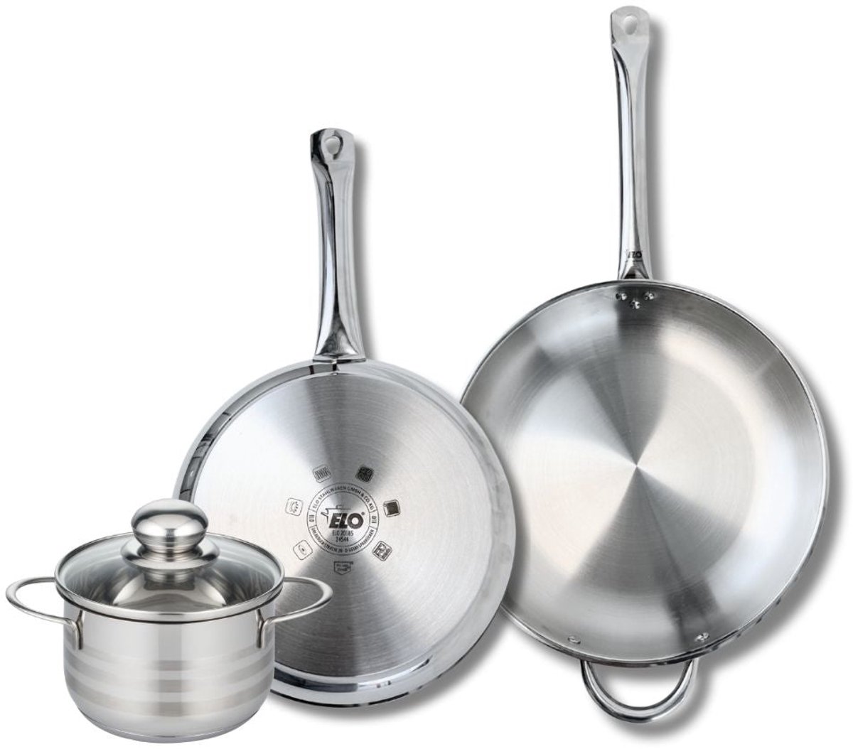 Set van 2 Koekenpannen 28 en 32 cm en 1 braadpan 16 cm Elo Profi Brillant